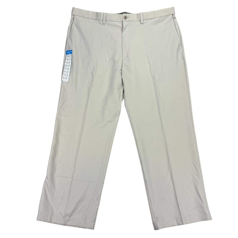 Haggar Mens Cool 18 Pro Classic Fit Flat Front Stretch Dress Pants Beige 42x29
